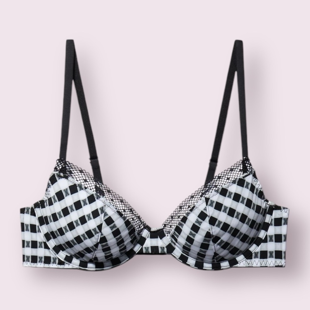 Savage X Fenty Gingham Plunge Bra 32B Unlined Logo Check NWT